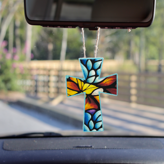 Blue Floral Stained Glass Cross Freshie